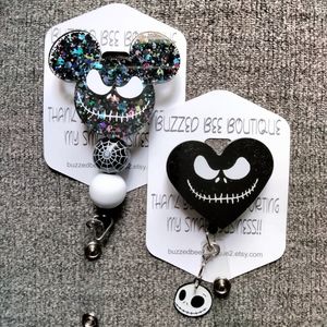 Jack Skellington Badge Reel ID Holder with beads and Jack Badge Reel with charm